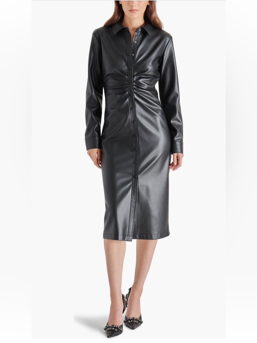 Steve Madden Black McClain Long Sleeve Faux Leather Midi Shirtdress NWT